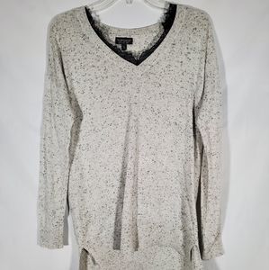 TOPSHOP GRAY FLECKED WOOL BLEND LACE TRIM V-NECK TUNIC SWEATER PULLOVER